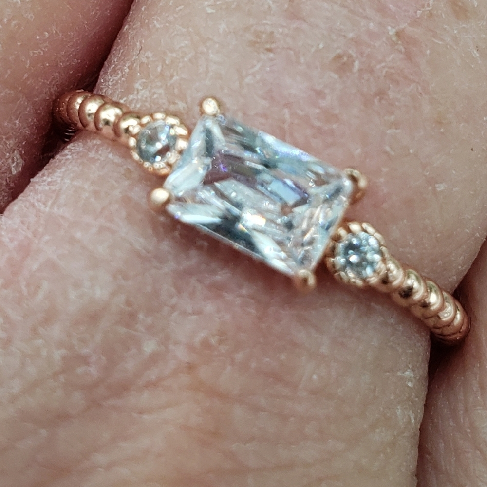 Rose Gold Rectangle Moissanite Solitaire Round Accents Beaded Band Ring - Size 7